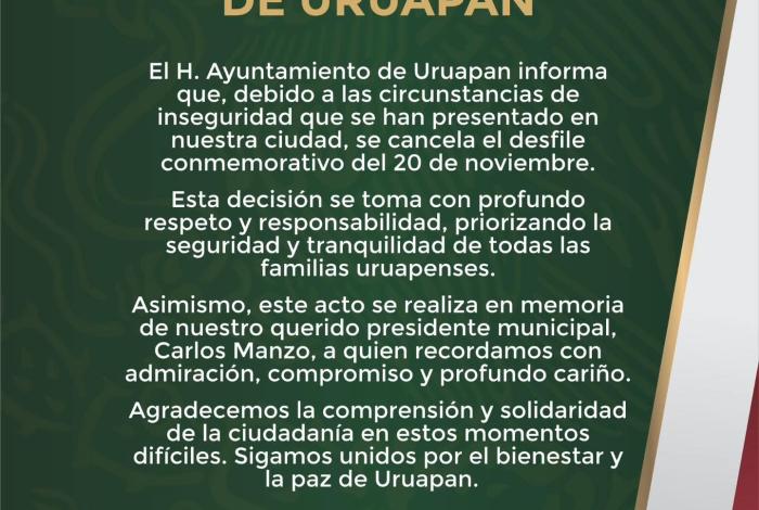 Ayuntamiento cancela desfile del 20 de noviembre en Uruapan