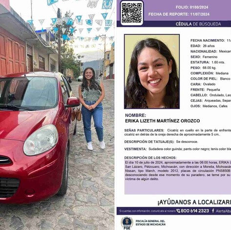 Buscan a Erika, joven que desapareció en el trayecto de Pátzcuaro a Morelia