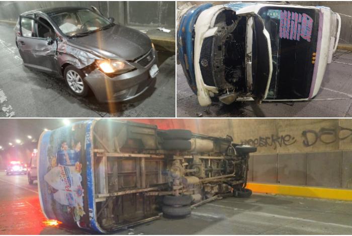 Camión de la Ruta Centros Comerciales vuelca tras chocar contra un auto en el Libramiento; hay 4 heridos