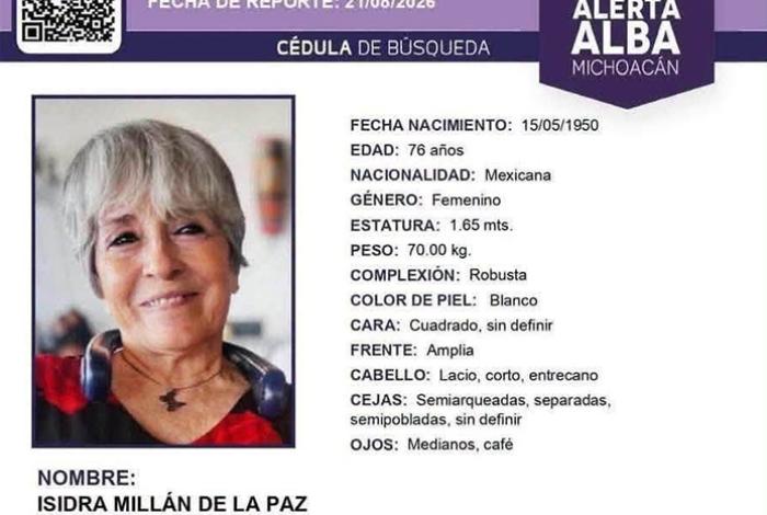 Continúa FGE búsqueda de mujer de 76 años, reportada como desaparecida en Morelia