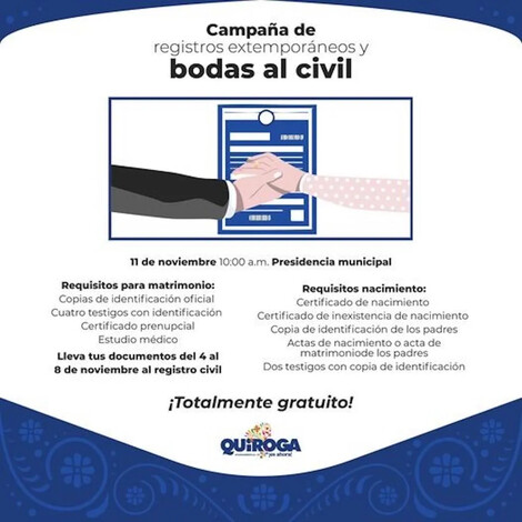 Convocatoria abierta para Registros Extemporáneos y Bodas Civiles en Quiroga