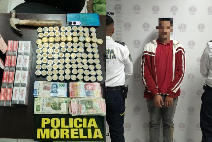 Detienen a hombre por cristalazo en OXXO de Morelia; roba dinero, botellas y cigarros