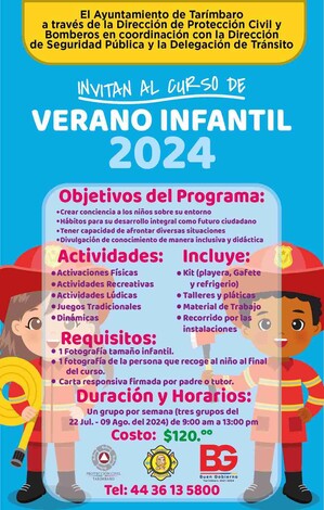 El Buen Gobierno de Tarímbaro invita a la niñez tarimbarense al Curso de Verano 2024.