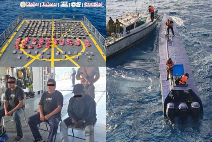 En Colima 4 aeronaves y 3 patrullas oceánicas aseguran otra embarcación con toneladas de droga y 3 tripulantes