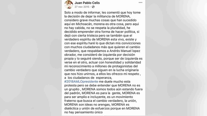 En el 2015 Juan Pablo Celis renunció a Morena para irse al Gobierno de Silvano Aureoles