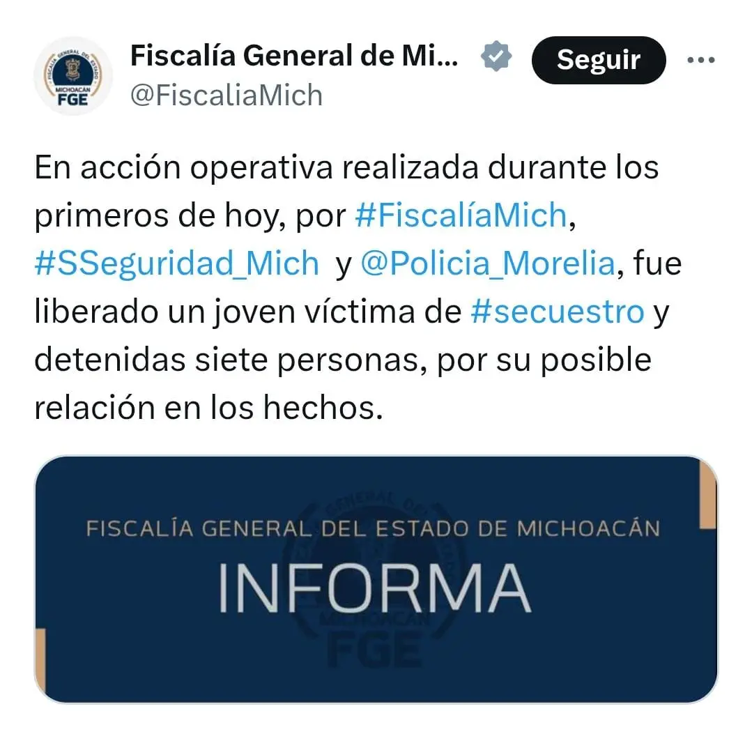 FGE libera a joven secuestrado en Morelia