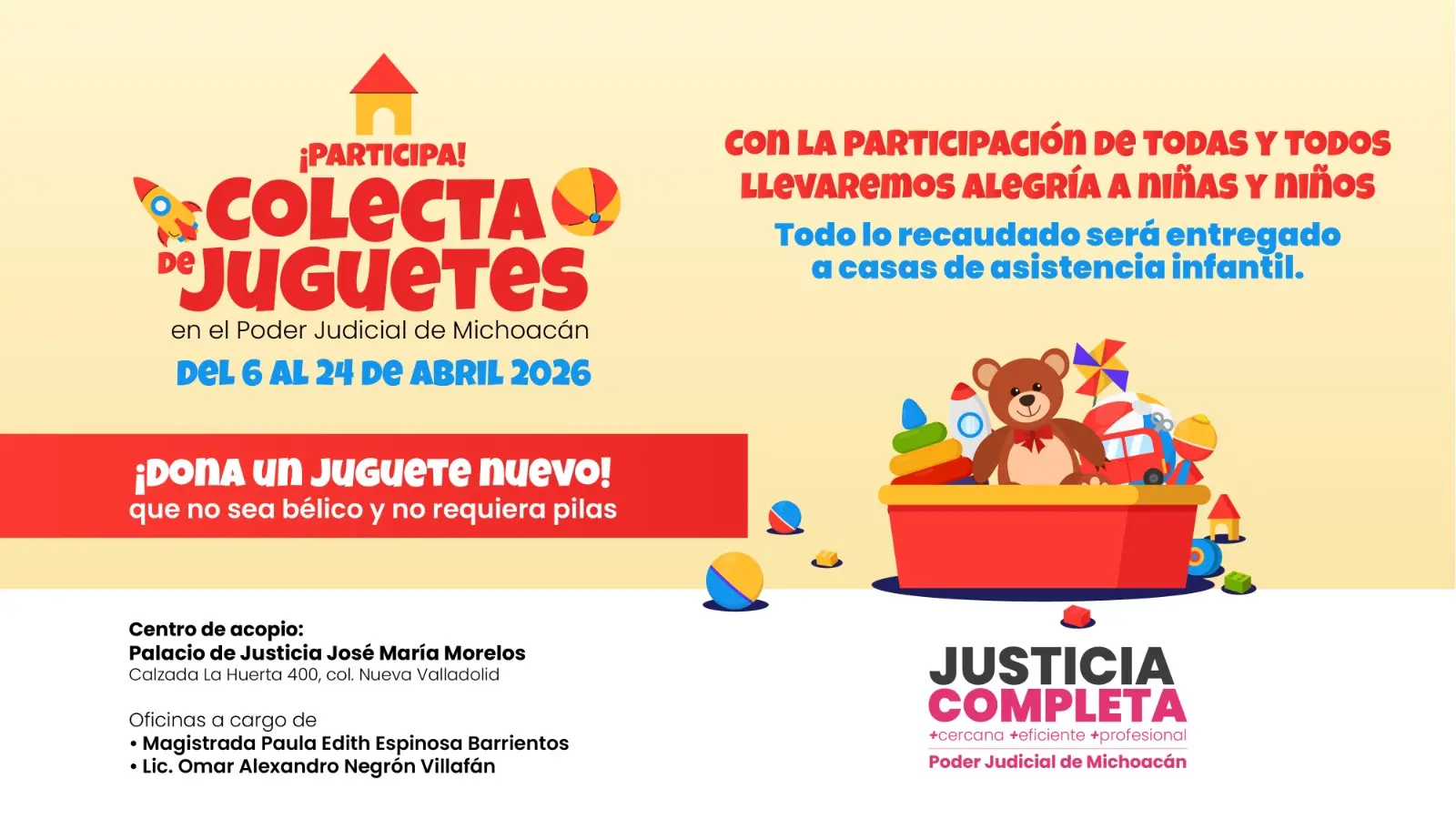 Invita Poder Judicial de Michoacán a participar en colecta de juguetes por el Día del Niño y la Niña