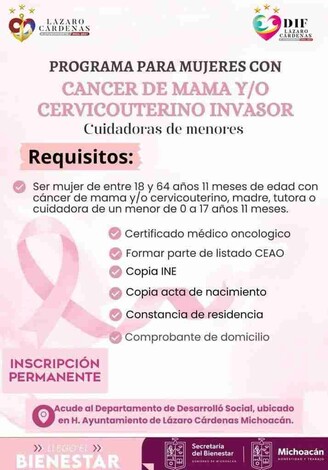 Invitan al Registro de Programas de Apoyo a Mujeres con Cáncer de Mama y/o Cervicouterino Invasor y Cuidadoras de Menores