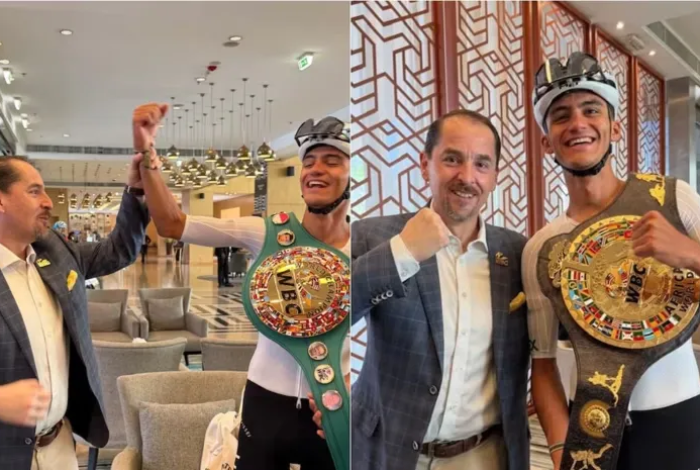 Isaac del Toro recibe cinturones del CMB previo a su participación en el Mundial de Ciclismo