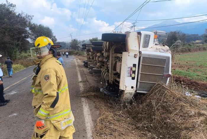 Le gana el peso de la carga y vuelca unidad de transporte; derriba postes de la CFE en Michoacán