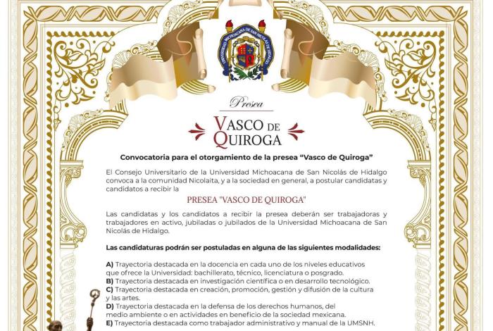 Lista la convocatoria de la Presea “Vasco de Quiroga”; UMSNH invita a participar con propuestas