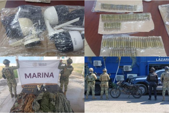 Marinos aseguran cámaras parásitas, uniformes apócrifos, cartuchos y una moto; hay detenido