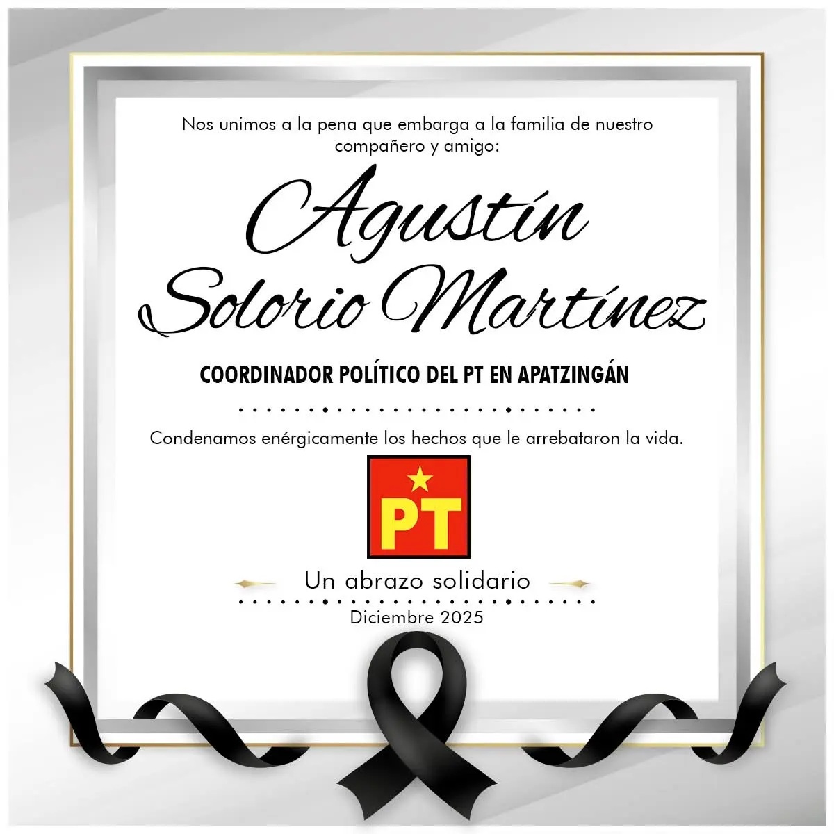PT de Michoacán confirma asesinato de su coordinador distrital Agustín Sollorio y exige esclarecimiento inmediato