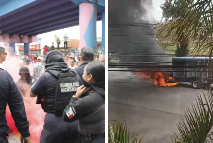 Se enfrentan maestros y policías en Tres Puentes; en el libramiento normalistas queman un camión repartidor