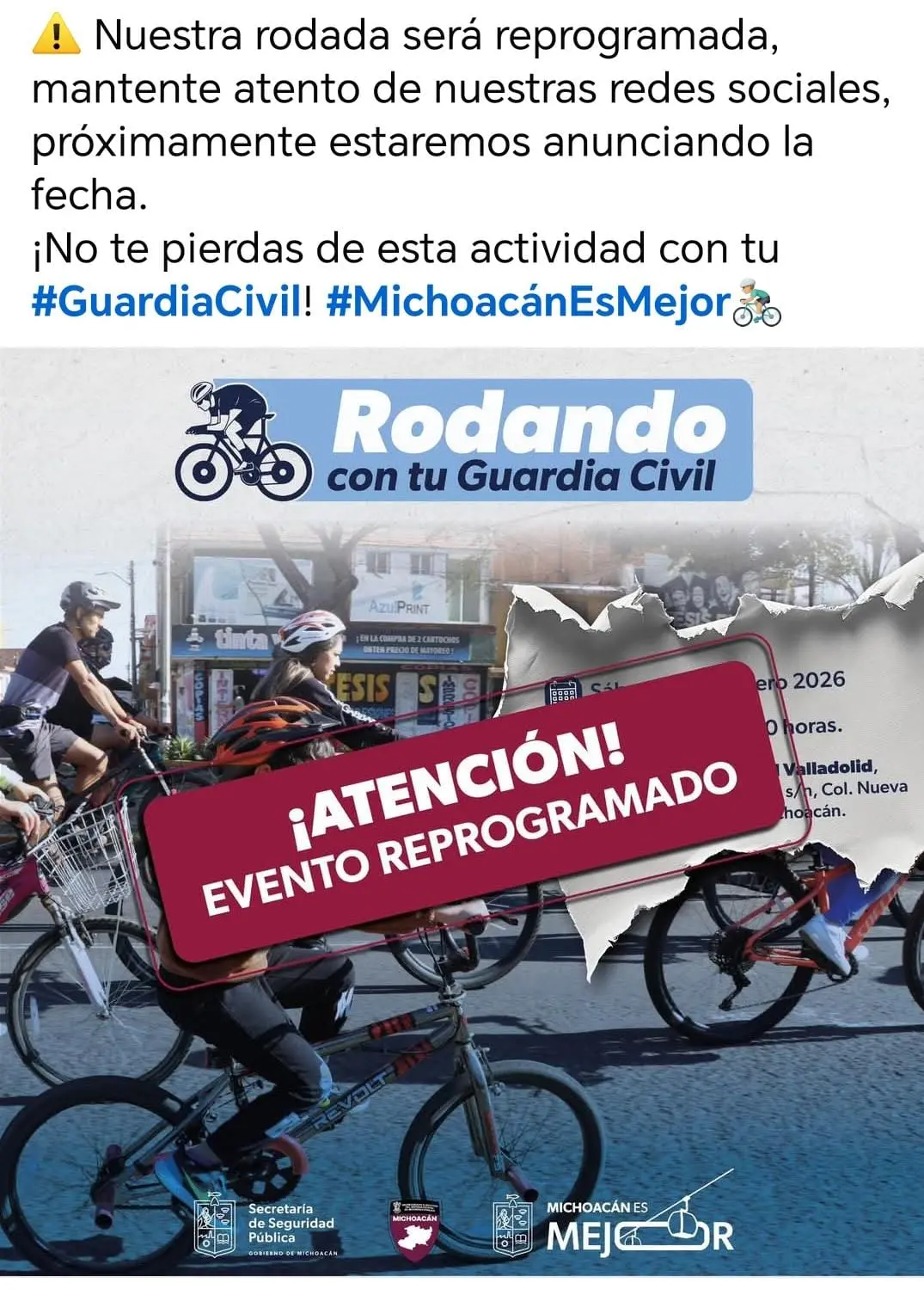 Se reprograma la rodada con la Guardia Civil en Morelia