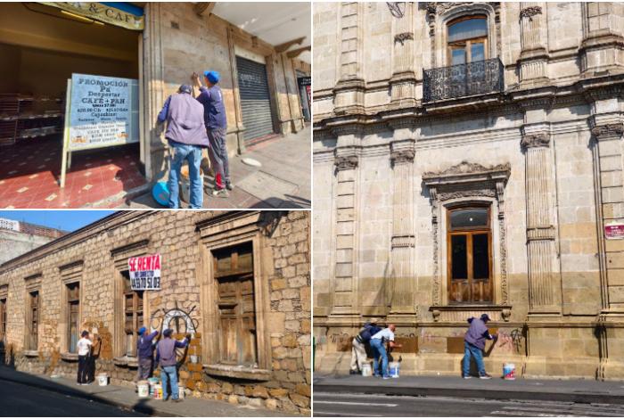 Trabajadores municipales siguen retirando pintas y grafitis en el Centro de Morelia