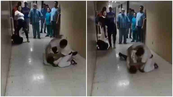 #Video: Enfermero golpea a guardia y lo amenaza con ‘levantarlo’