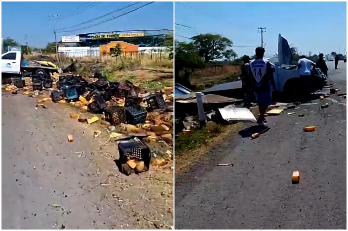 VIDEO | Se accidenta camioneta cargada con jugos en la carretera Apatzingán-Cuatro Caminos